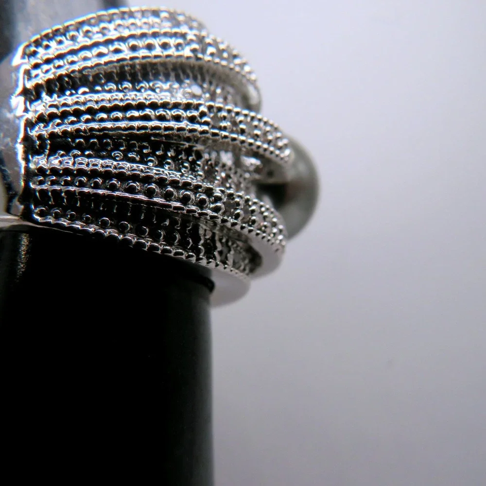 Wide Multi Row Pave Rhinestone Faux Grey Pearl Statement Ring Size 5 Silver Tone